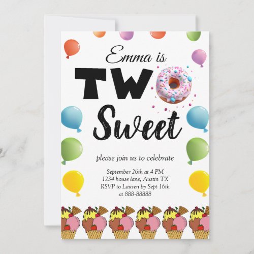 2nd Two Sweet Birthday Donut Ice Cream Birthday Invitation