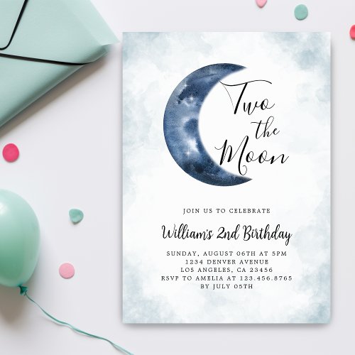 2nd Two The Moon Boy Birthday Party Blue Invitation