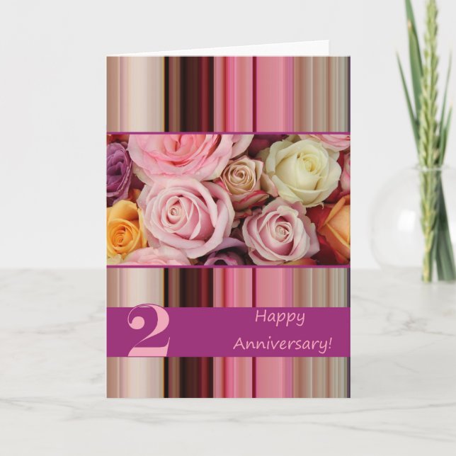 2nd Wedding Anniversary Card - Pastel roses stripe (Front)