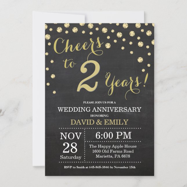 2nd Wedding Anniversary Chalkboard Black and Gold Invitation (Front)