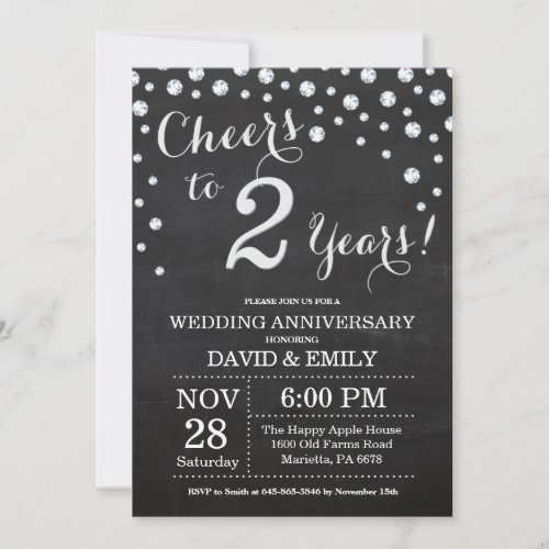 2nd Wedding Anniversary Chalkboard Black Silver Invitation