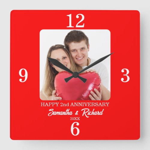 2nd Wedding Anniversary Color Red Photo  Square Wall Clock