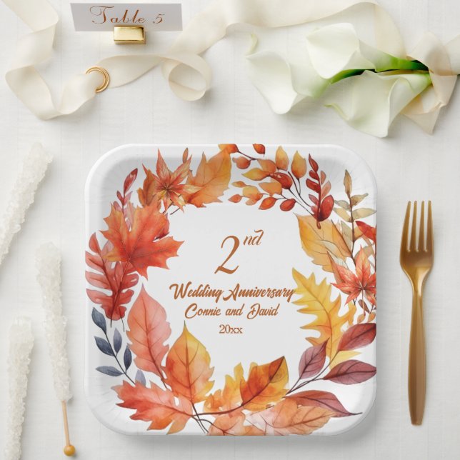 2nd Wedding Anniversary Fall Floral  Paper Plates (Wedding)