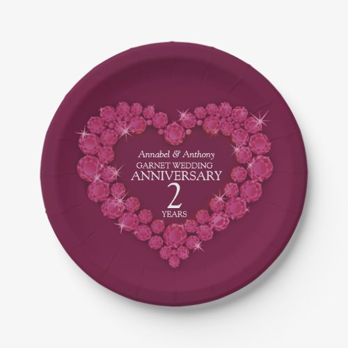 2nd Wedding Anniversary garnet red heart Round Pil Paper Plates