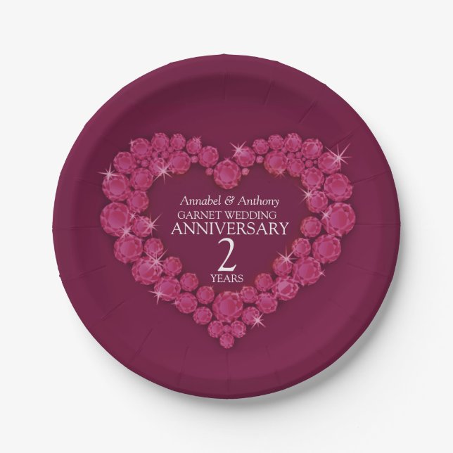 2nd Wedding Anniversary garnet red heart Round Pil Paper Plates (Front)