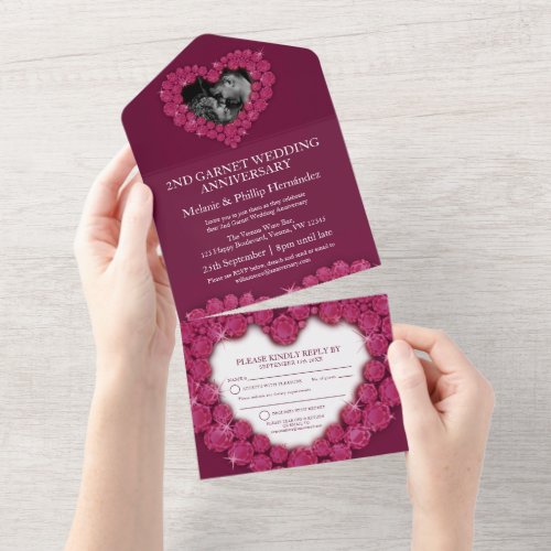 2nd wedding anniversary photo red garnet heart all in one invitation