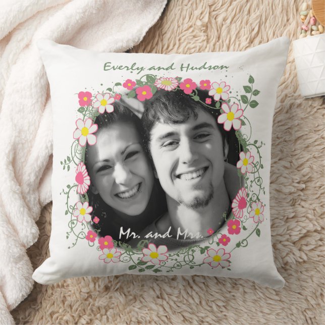 2nd Wedding Anniversary Photo Wreath Frame White Throw Pillow (Blanket)