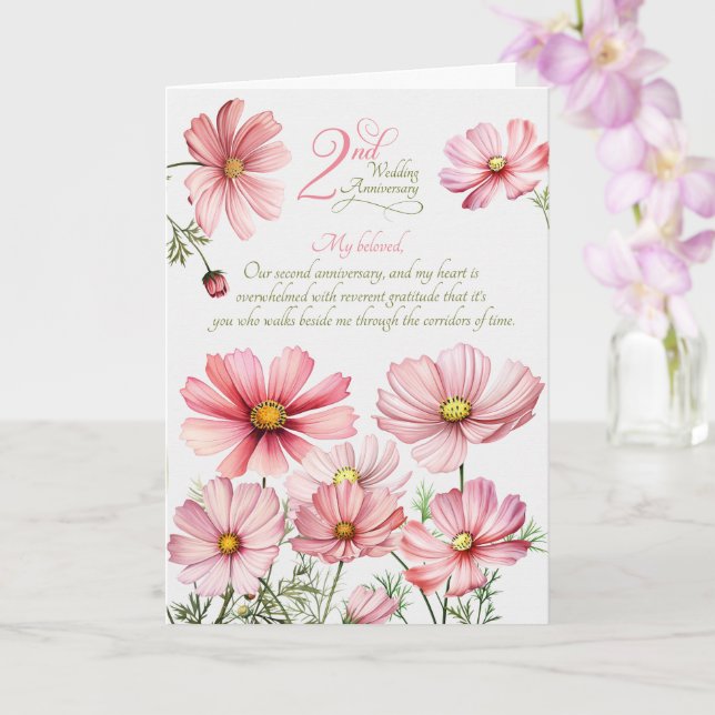 2nd Wedding Anniversary Sentimental Pink Cosmos Card (Orchid)