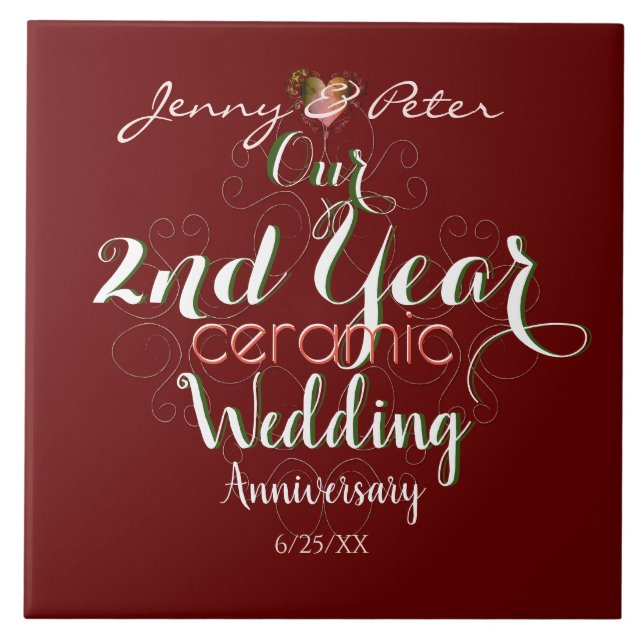 2nd Year Ceramic Wedding Anniversary Ceramic Tile (Front)