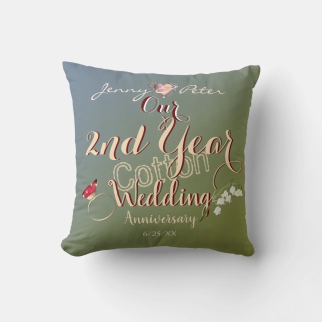 2nd Year Cotton Wedding Anniversary Throw Pillow (Front)