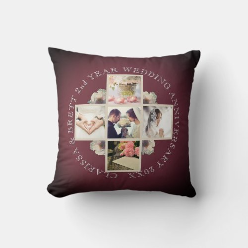 2nd Yr Wedding Anniversary Cotton 5 Photos Garnet Throw Pillow