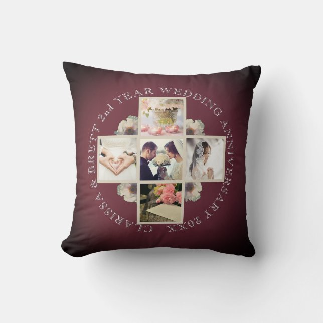 2nd Yr. Wedding Anniversary Cotton 5 Photos Garnet Throw Pillow (Front)