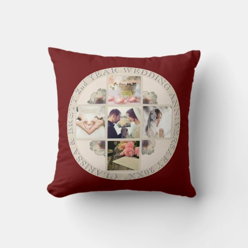 2nd Yr Wedding Anniversary Cotton 5 Photos Red Throw Pillow