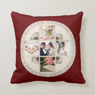 2nd Yr. Wedding Anniversary Cotton 5 Photos Red Throw Pillow