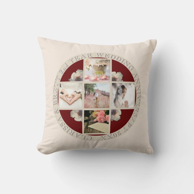 2nd Yr. Wedding Anniversary Cotton 5 Photos Throw Pillow (Front)