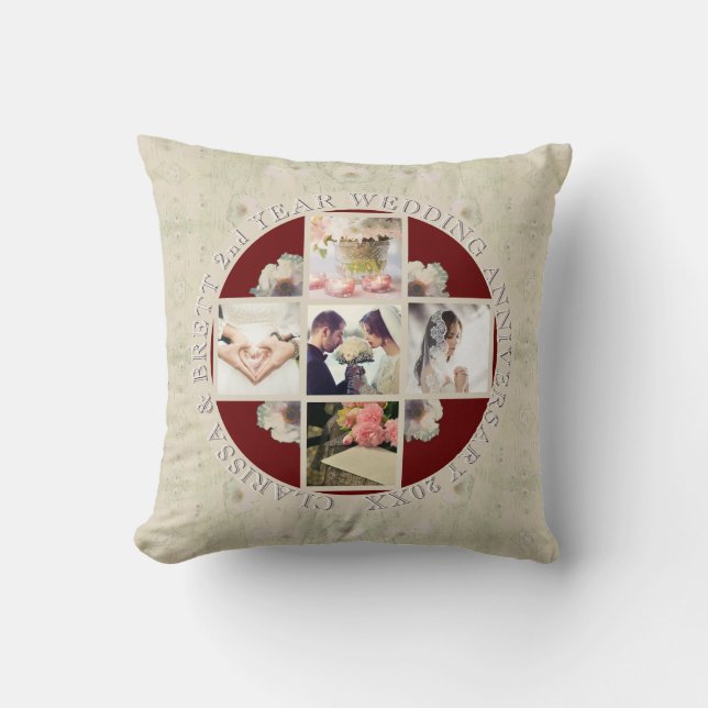 2nd Yr. Wedding Anniversary Cotton 5 Photos Throw Pillow (Front)