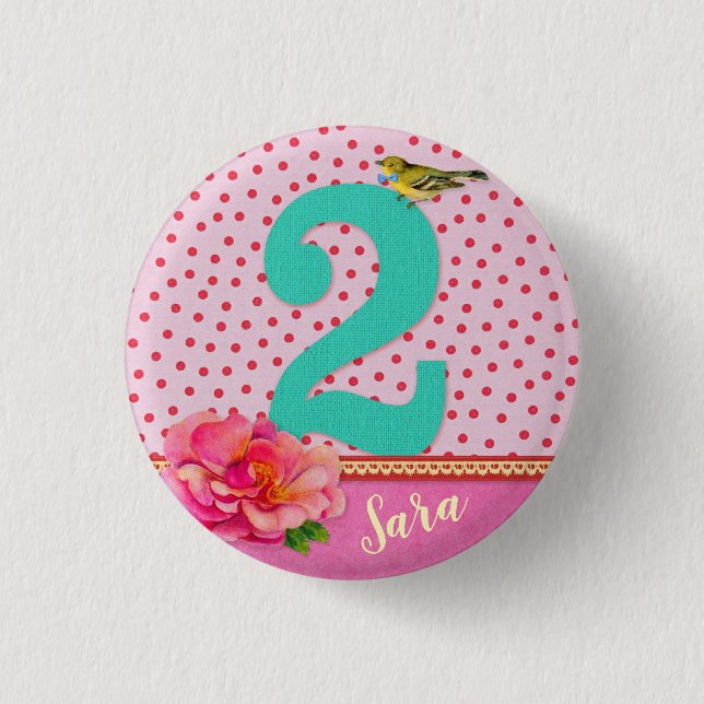 2rd birthday vintage bohemian flower button (Front)