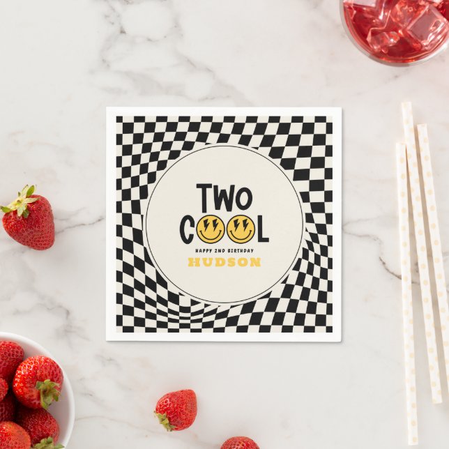 2st birthday smile face retro black white groovy napkins (Insitu)