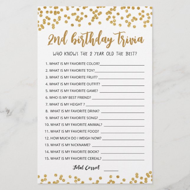 2st Birthday Trivia editable game (Front)