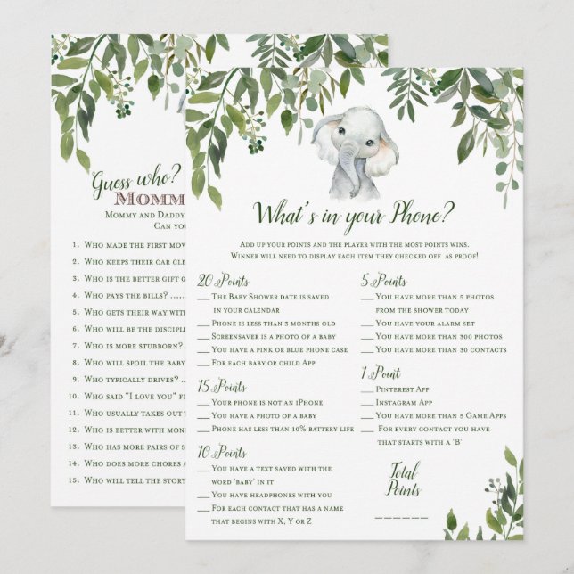 2x Games Elephant Baby Shower 5x7" Size Invitation (Front/Back)