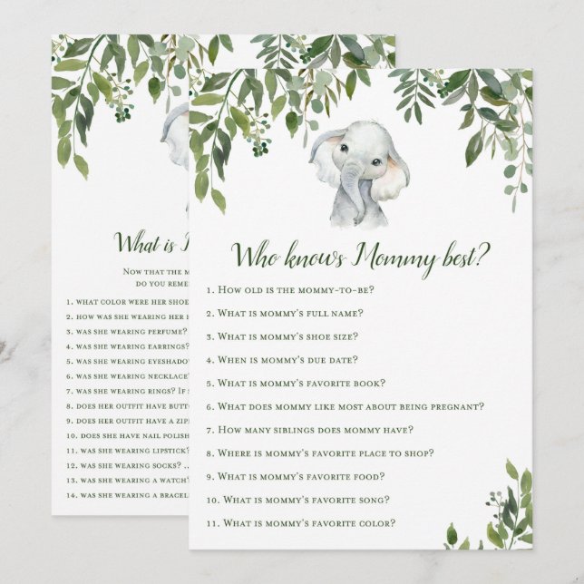 2x Games Elephant Baby Shower 5x7" Size Invitation (Front/Back)