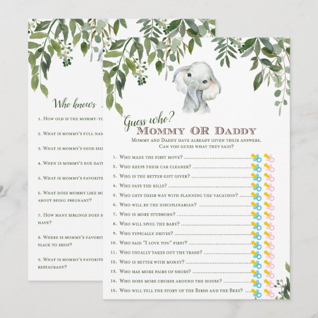 2x Games Elephant Baby Shower 5x7" Size Invitation (Front/Back)