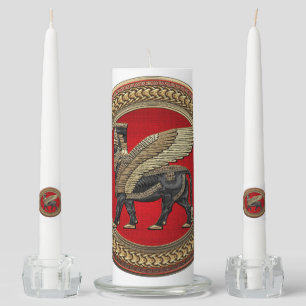[300] Assyrian Winged Bull: Gold and Black Lamassu Unity Candle Set