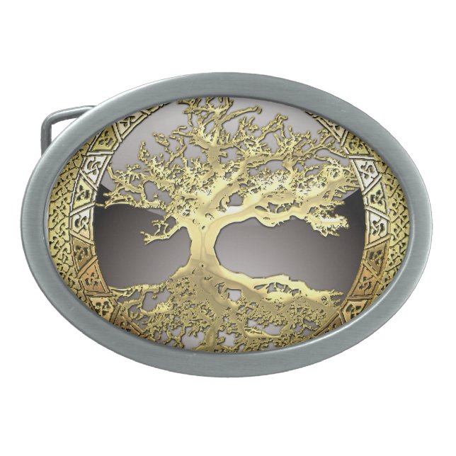 [300] Celtic Tree of Life [Gold] Oval Belt Buckle (Front)