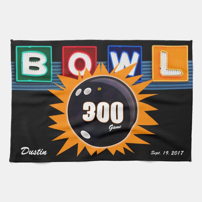 300 Game Orange & Black with Neon BOWL sign Towel (Horizontal)