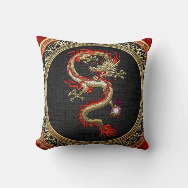 [300] Golden Chinese Dragon Fucanglong Throw Pillow (Front)