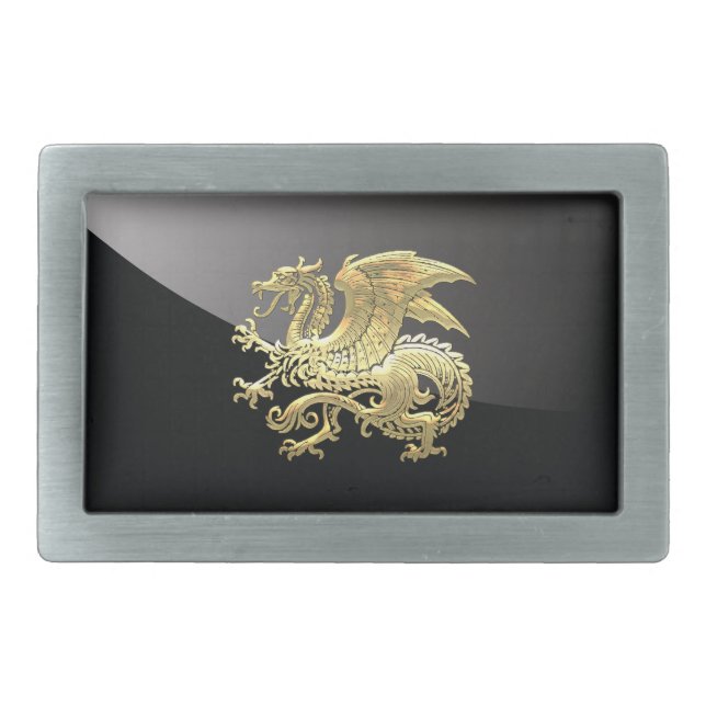 [300] Icelandic Dragon, Landvættir [Gold] Rectangular Belt Buckle (Front)