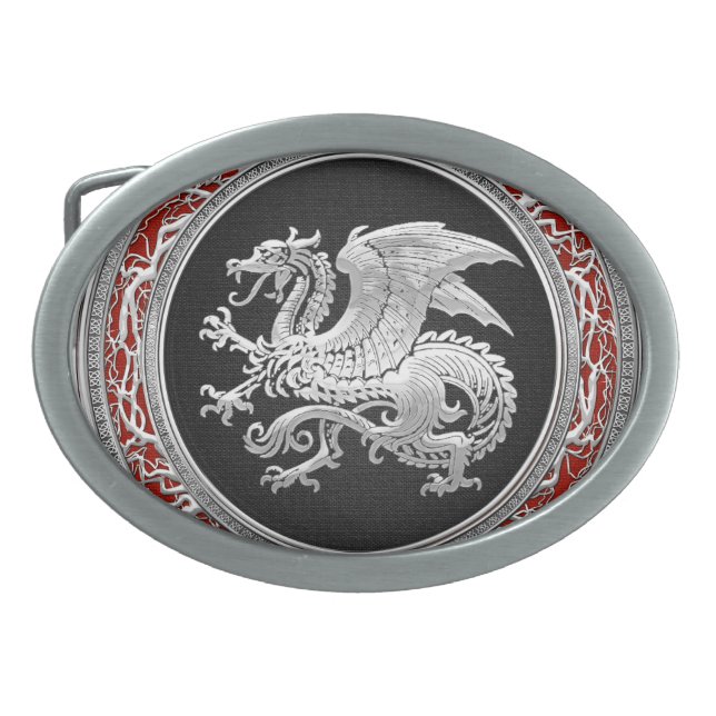 [300] Icelandic Dragon, Landvættir [Silver] Oval Belt Buckle (Front)
