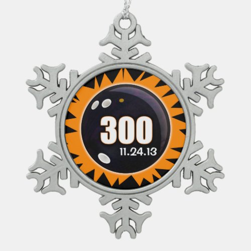 300 Perfect Game Bowling Black  Orange Snowflake Pewter Christmas Ornament