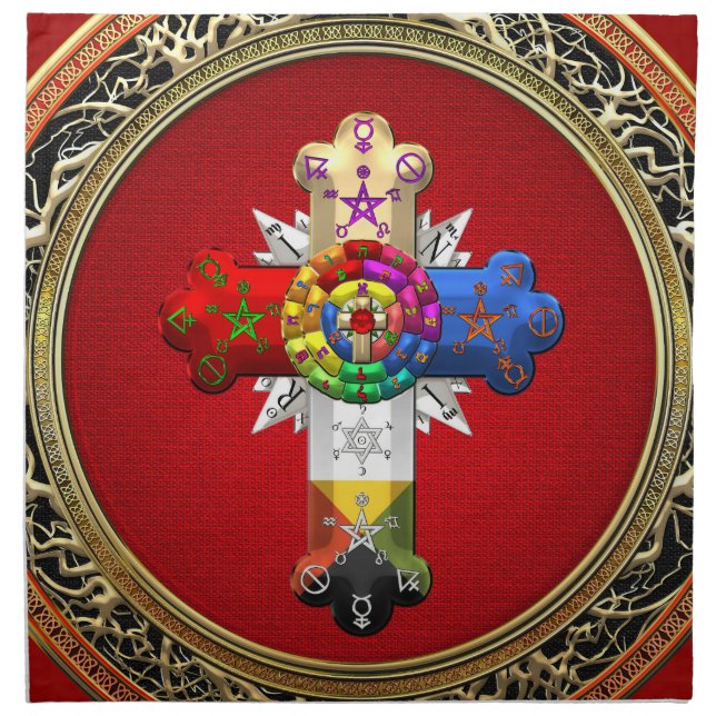 [300] Rosy Cross (Rose Croix) on Red & Gold Cloth Napkin (Front)