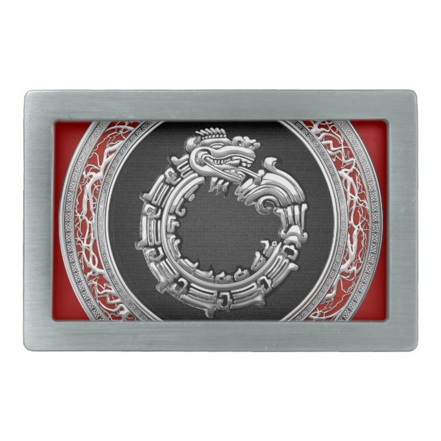 [300] Serpent God Quetzalcoatl [Silver] Rectangular Belt Buckle (Front)