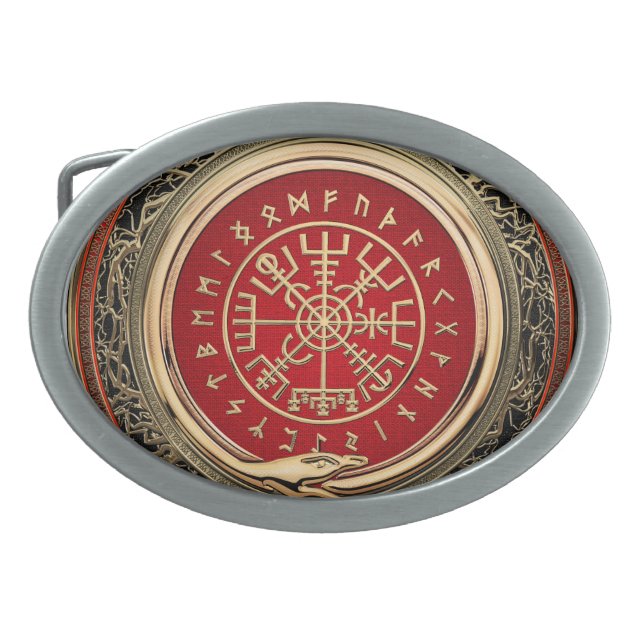 [300] Vegvisir - Viking Gold Magic Runic Compass Belt Buckle (Front)