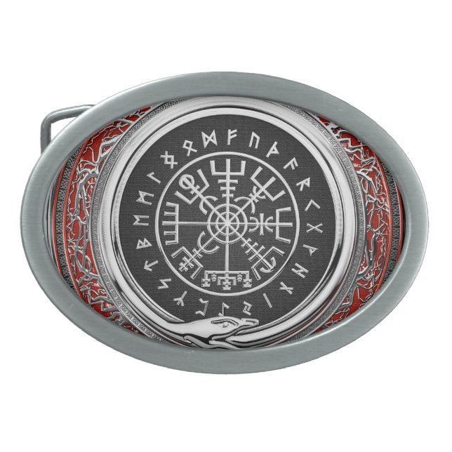 [300] Vegvisir - Viking Silver Magic Runic Compass Belt Buckle (Front)