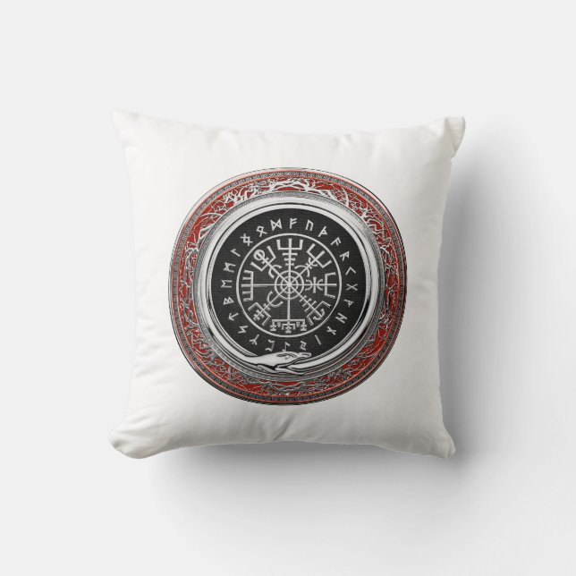 [300] Vegvisir - Viking Silver Magic Runic Compass Throw Pillow (Front)