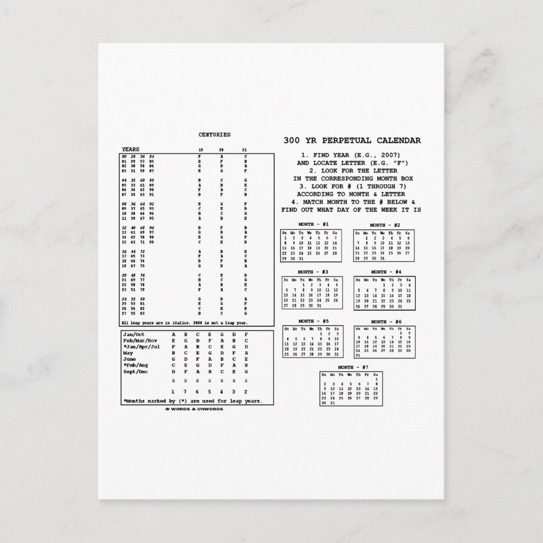 300 Year Perpetual Calendar (Day Of The Week) Postcard | Zazzle