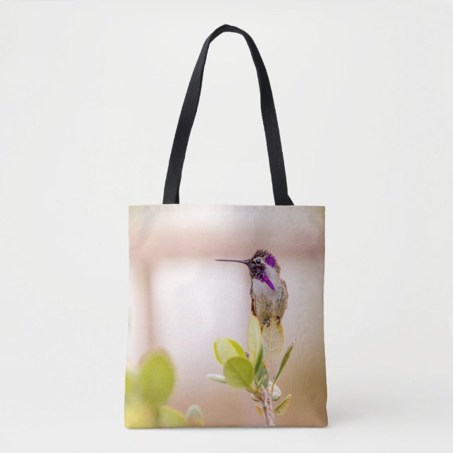 3037-Hummingbird Sitting on a Leaf Tote Bag (Front)