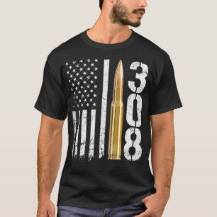 308 Gun Ammo Bullet 308 Calibre Rifle USA Flag T-Shirt