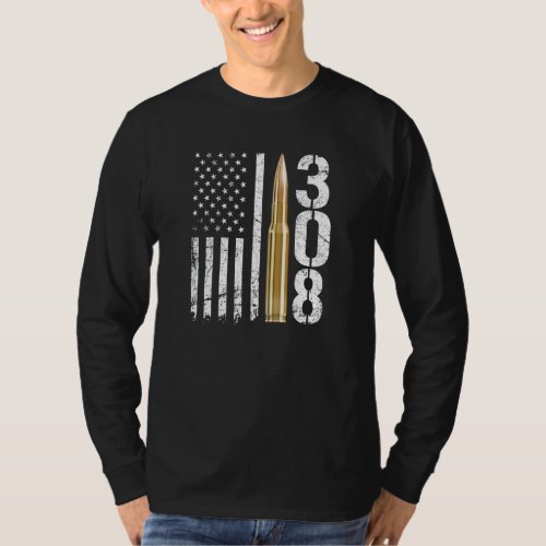 308 Gun Ammo Bullet 308 Calibre Rifle Usa Flag T_Shirt