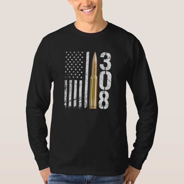 308 Gun Ammo Bullet 308 Calibre Rifle Usa Flag T-Shirt (Front)