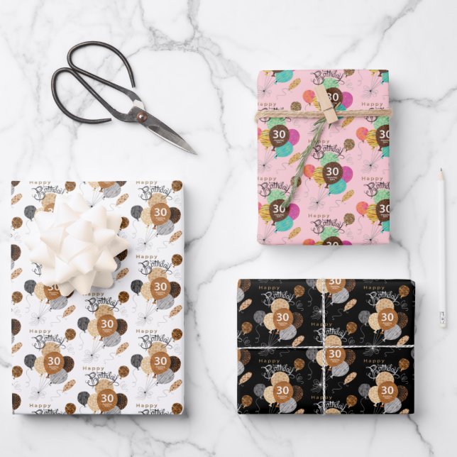 30 Amazing Years Animal Print Birthday Balloons Wrapping Paper Sheets (Front)