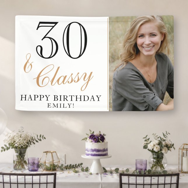 30 and Classy Elegant White 30th Birthday Photo Banner (Creator Uploaded)