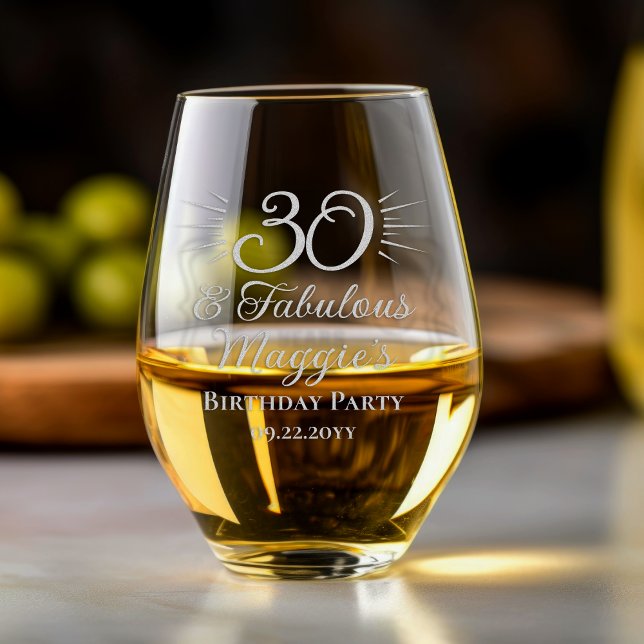 30 and Fabulous 30th Birthday Party Keepsake Stemless Wine Glass ("30 and Fabulous" 30th Birthday Party Keepsake Stemless Wine Glass)