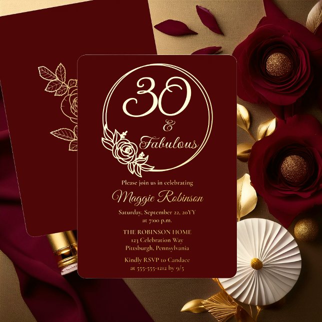 30 and Fabulous 30th Birthday Party Stamped Foil Invitation (Elegant Rose Wreath 30 and Fabulous 30th Birthday Party Burgundy Stamped Gold Foil Invitation )