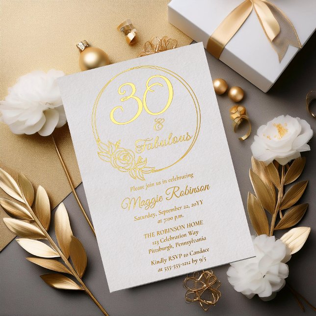 30 and Fabulous 30th Birthday Party Stamped Foil Invitation (Simply Elegant "30 and Fabulous" 30th Birthday Party Stamped Foil Invitation)