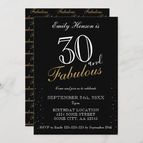 30 and Fabulous Black Elegant Script Birthday Invitation - 30 and Fabulous Black Elegant Script Birthday Invitation. Black elegant birthday party invitation. Fabulous pattern is on the backside. Customize the text on the invitation. Great for a woman`s 30th birthday party.