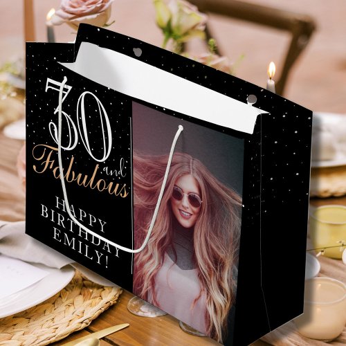 30 and Fabulous Elegant Black 30th Birthday Photo Large Gift Bag